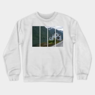 Wonderful landscapes in Norway. Innlandet. Beautiful scenery of Fjaerland village and the Fjaerlandsfjorden. Snowed mountains and waterfall. Cloudy day. Crewneck Sweatshirt